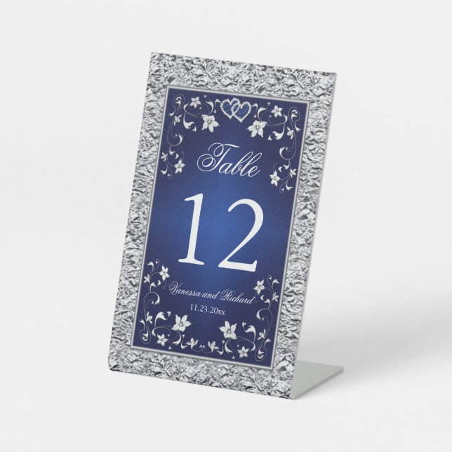 Navy, Silver Gray Floral Table Number Pedestal Sig Sign (Front)