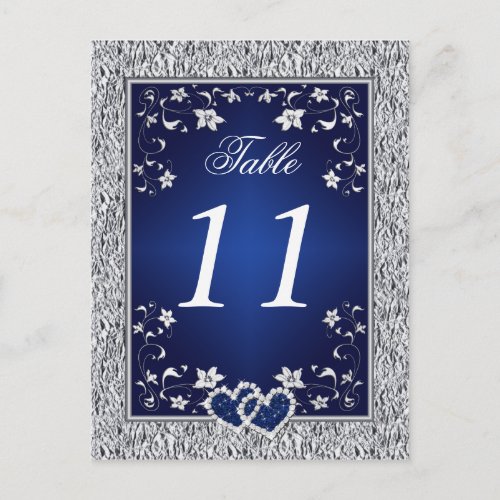 Navy Silver Gray Floral Table Number Postcard