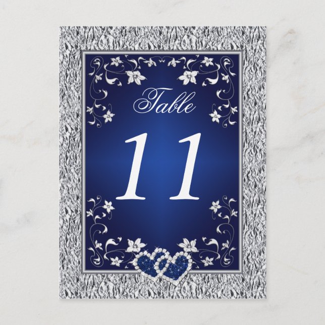 Navy, Silver Gray Floral Table Number Postcard (Front)