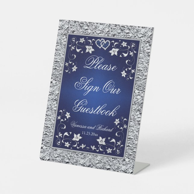 Navy, Silver Gray Floral Wedding Table Sign (Front)