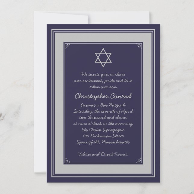 Navy Silver Grey Bar Mitzvah Invitation (Front)
