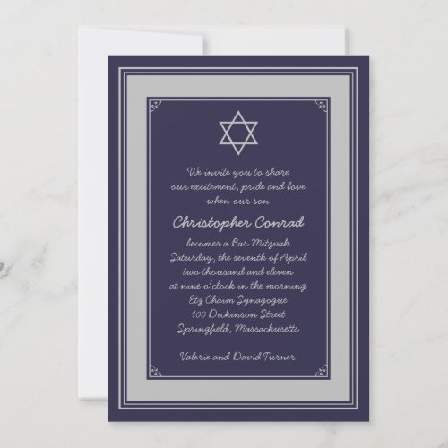 Navy Silver Grey Bar Mitzvah Invitation