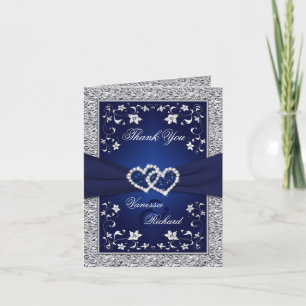 Navy Silver Hearts FAUX Foil PHOTO Thank You Card