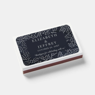 Navy Silver Holly Leaves Winter Wedding Matchboxes