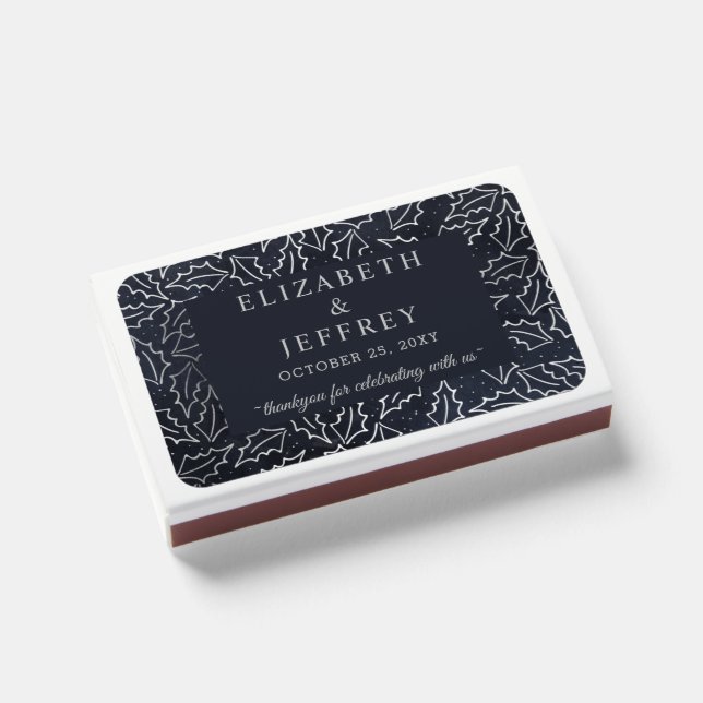 Navy Silver Holly Leaves Winter Wedding Matchboxes (Front Closed)
