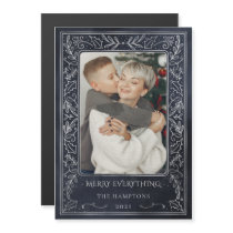 Navy Silver Holly Photo Holiday Magnetic Card