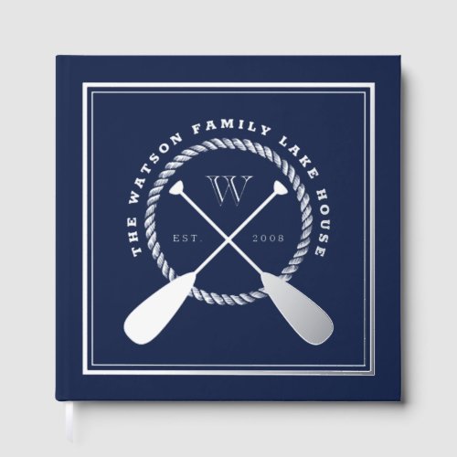 Navy Silver Lake House Monogram Crossed Paddles Foil Guest Book