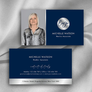 Navy & Silver Logo Modern Real Estate Notary Photo Business Card