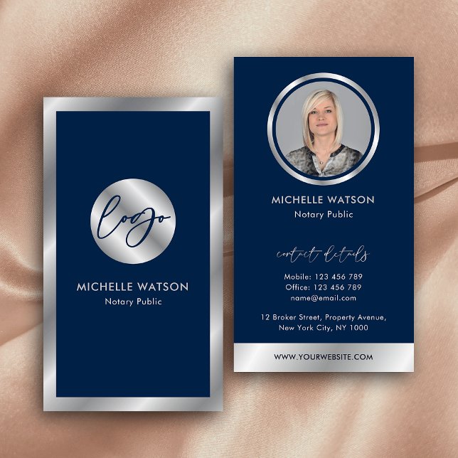 Navy & Silver Logo Notary Public Sales Agent Photo Business Card (Modern navy and silver photo business cards with metallic chrome effects and dark blue background)