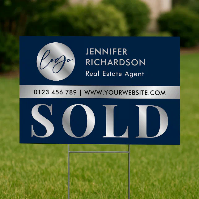 Custom Add Silver Sign Navy & Silver Logo Real Estate Agent Sold House Sign | Zazzle