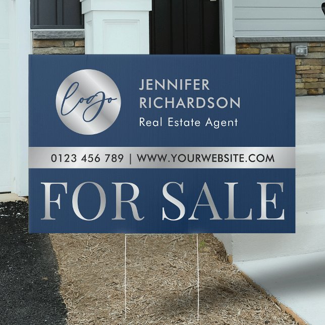 Navy & Silver Logo Real Estate House For Sale Sign (Real Estate property for sale marketing sign with logo in navy blue and faux silver)