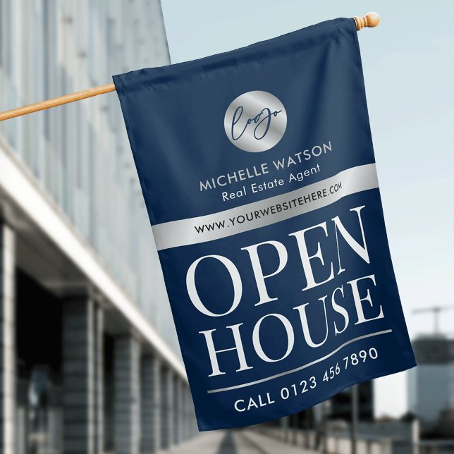 Navy & Silver Logo Real Estate Open House Flag (Modern navy blue and silver effect promotional open house outdoor flag with your logo)
