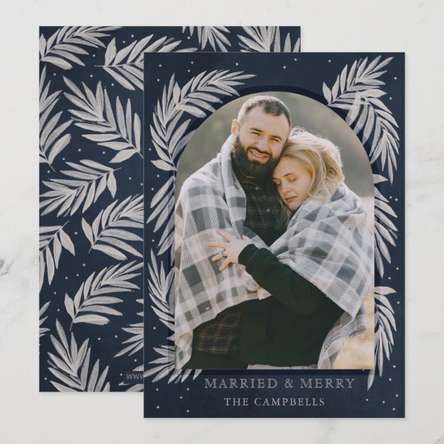 Navy Silver Merry Arch Botanical Holiday Card (Front/Back)