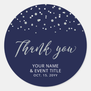 Navy & Silver Modern Birthday Favor Thank you Classic Round Sticker