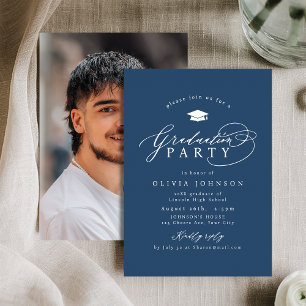 Navy Silver Modern Calligraphy Photo Graduation Foil Invitation