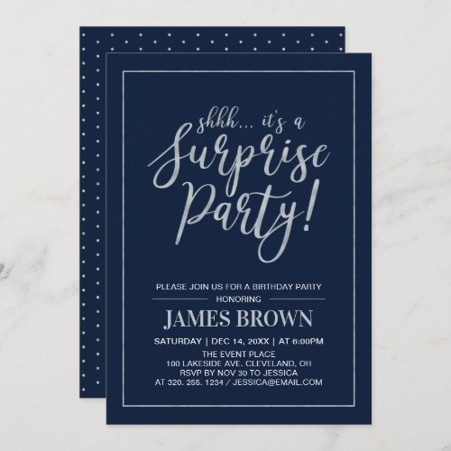 Navy  Silver  Modern Surprise Birthday Party Invitation