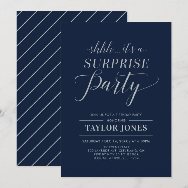 Navy & Silver | Modern Surprise Birthday Party Invitation (Front/Back)