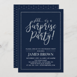 Navy & Silver   Modern Surprise Retirement Party Invitation