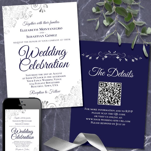 Navy & Silver on White Elegant QR Code Wedding Invitation (Front/Back/Downloadable)
