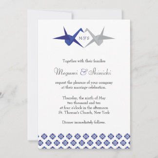 Navy / Silver Origami Cranes Wedding Invitation