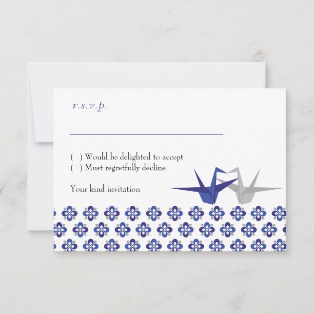 Navy / Silver Origami Cranes Wedding RSVP (Front)