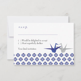 Navy / Silver Origami Cranes Wedding RSVP Card