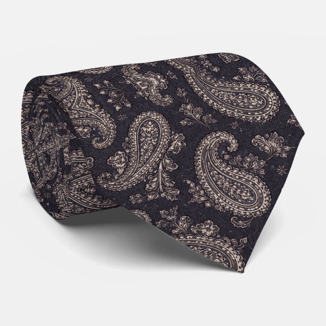 Navy Silver Paisley Pattern Neck Tie (Rolled)