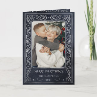 Navy Silver Pine Holly Berry Photo Holiday Card