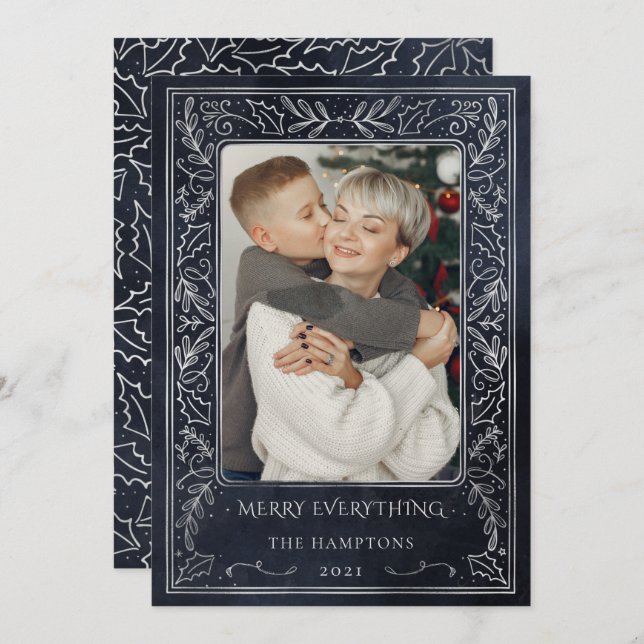 Navy Silver Pine Holly Berry Photo Holiday Card (Front/Back)