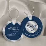 Navy & Silver Property Agent Notary Business Logo Keychain<br><div class="desc">Promote your business with this custom keychain design in navy blue and silver. Featuring space for your business logo and slogan on the front with your name, job title, contact details and website on the back. The dark blue background paired with the faux silver detailing makes for a stylish corporate...</div>