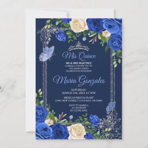 Navy Silver Quinceanera Mexican Girl 15th Birthday Invitation