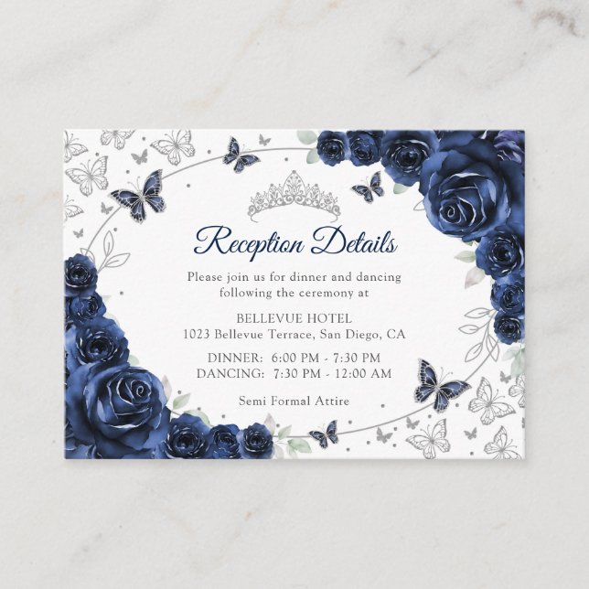 Navy Silver Quinceanera Reception Details Enclosure Card (Front)