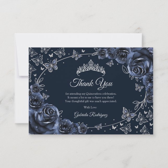 Navy Silver Quinceanera Thank You Card (Front)