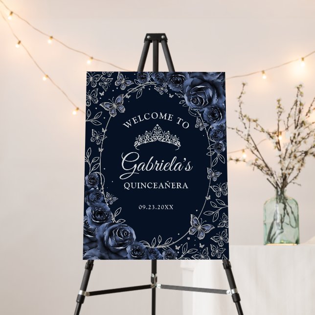 Navy Silver Quinceanera Welcome Foam Board (In Situ (Stand))