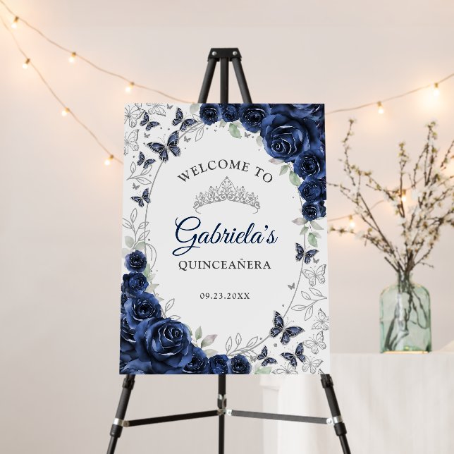 Navy Silver Quinceanera Welcome Foam Board (In Situ (Stand))