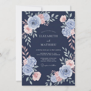 Navy Silver Ranunculus Eucalyptus Wedding Invitation
