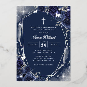 Navy Silver Rose Boys First Communion Foil Invitation