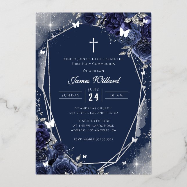 Navy Silver Rose Boys First Communion Foil Invitation (Front)