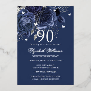 Navy Silver Rose Butterfly 90th Birthday Foil Invitation