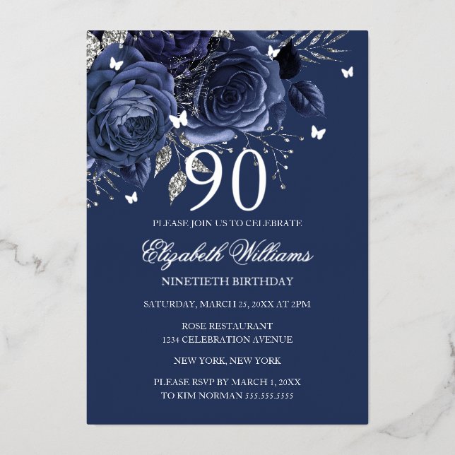 Navy Silver Rose Butterfly 90th Birthday  Foil Invitation (Front)