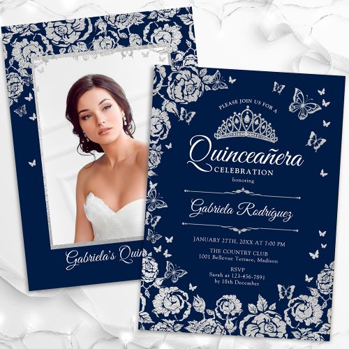 Navy Silver Roses Butterflies Quinceanera Photo Invitation