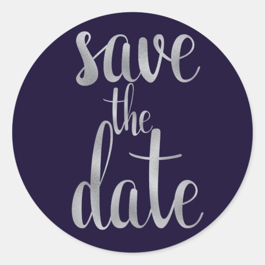 Navy & silver save the date stickers, foil font classic round sticker