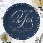 Navy Silver She Said Yes Engagement Party Paper Plates<br><div class="desc">Elegant calligraphy engagement party paper plate. Easy to personalize with your details. Please get in touch with me via chat if you have questions about the artwork or need customization. PLEASE NOTE: For assistance on orders,  shipping,  product information,  etc.,  contact Zazzle Customer Care directly https://help.zazzle.com/hc/en-us/articles/221463567-How-Do-I-Contact-Zazzle-Customer-Support-.</div>