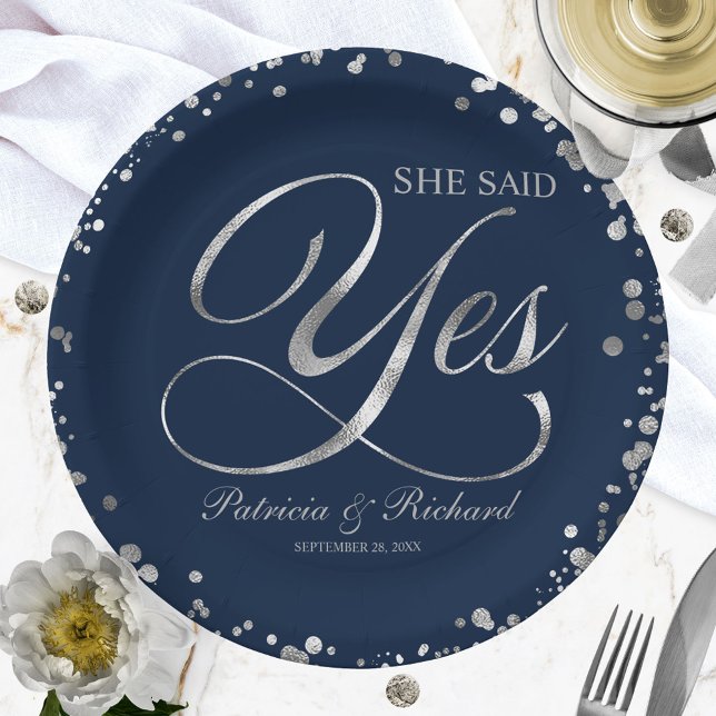 Navy Silver She Said Yes Engagement Party Paper Plates (Creator Uploaded)