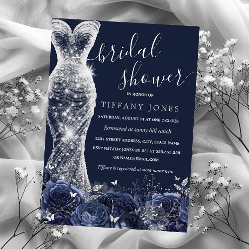 Navy Silver Shimmer Dress Rose Bridal Shower  Foil Invitation