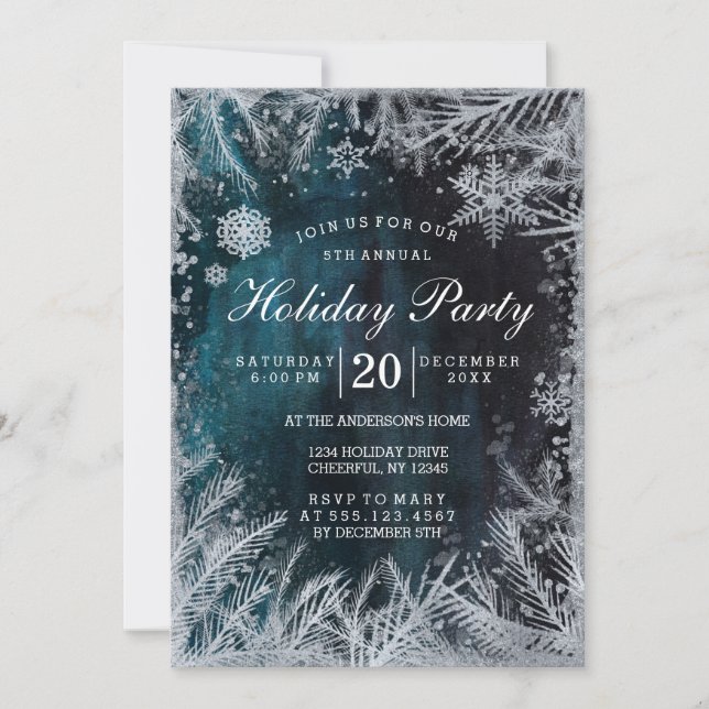 Navy & Silver Snow Holiday Party Invitation (Front)