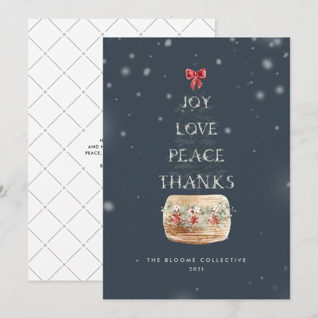 Navy Silver Snow Overlay Christmas Tree Typography Holiday Card (Front/Back)