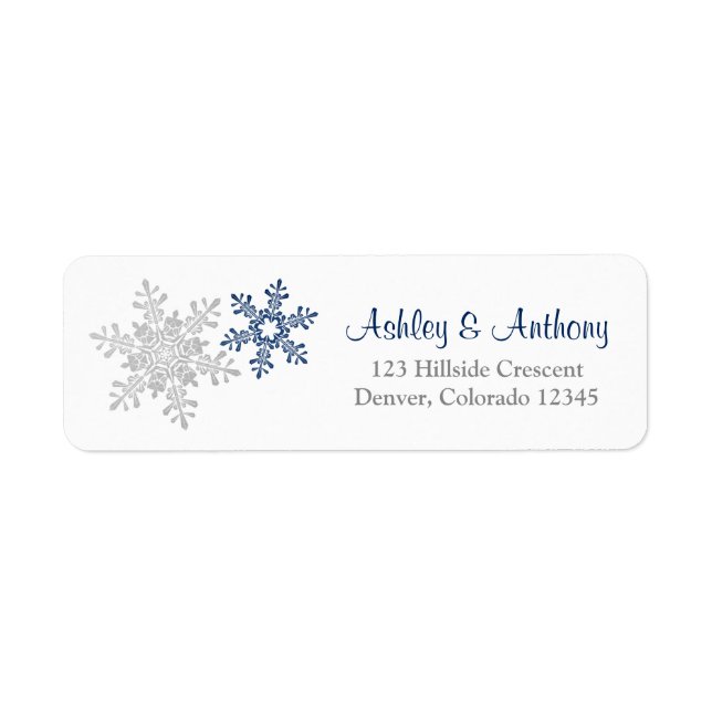 Navy Silver Snowflake Winter Wedding Address Label (Front)
