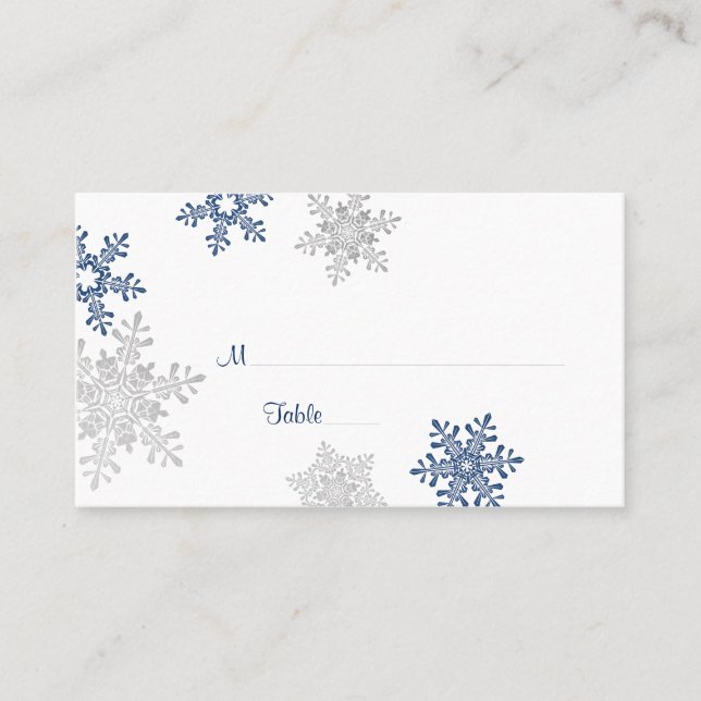 Navy Silver Snowflake Winter Wedding Place Cards (Front)