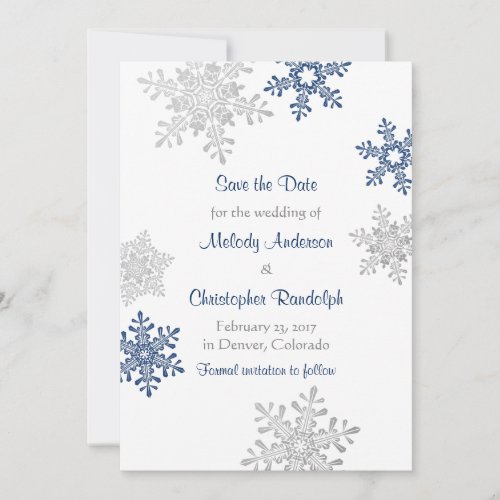 Navy Silver Snowflake Winter Wedding Save the Date